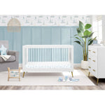 Delta Sloane Convertible Acrylic Crib with Toddler Rail and 4 Drawer Dresser with Changing Tray - Bianca with Metal Base