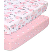 The Peanutshell Playard Sheets 2 Pack - Pink Floral & Roses - Kid's Stuff Superstore